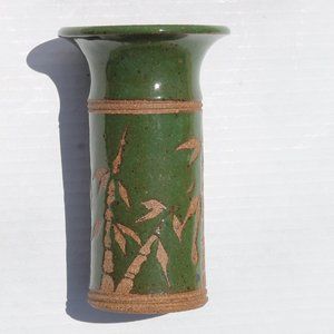 Asian Bamboo Form Vase with Vibrant Green Glaze. Unsigned, Mid 20th Century.